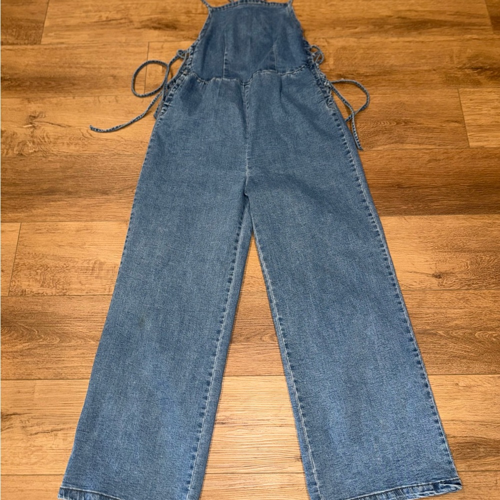 Sleeveless Denim Jumpsuit M Wide Leg Blue Open Back Thin Straps Boho Comfy Chic - Picture 6 of 16